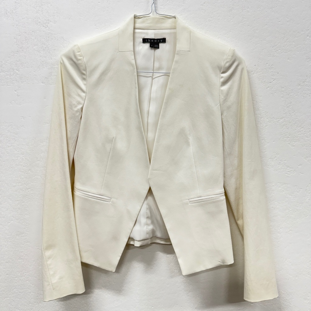 Theory White Collarless Blazer Slit Pockets Size 2